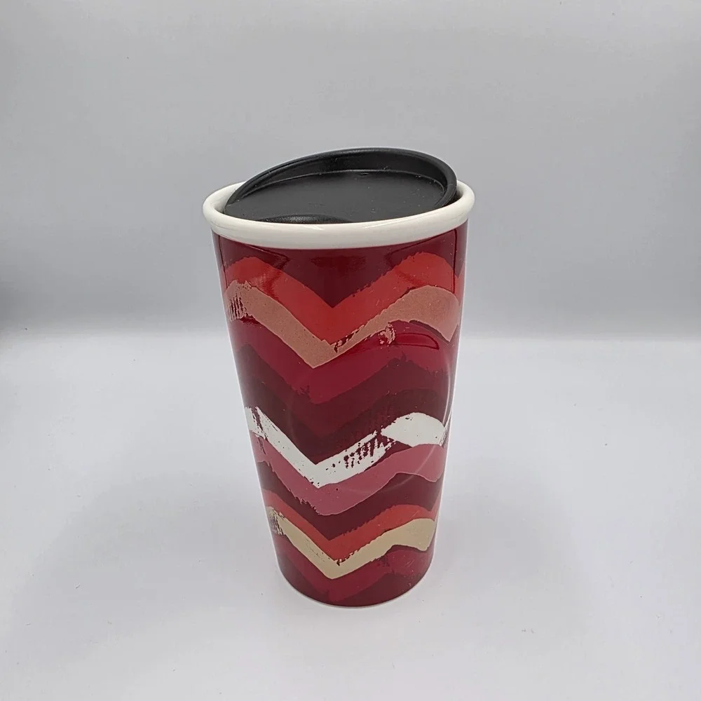 Starbucks Coffee Tumbler Mug Cup 2014  Red White Gold Stripes Ceramic Siren 10oz